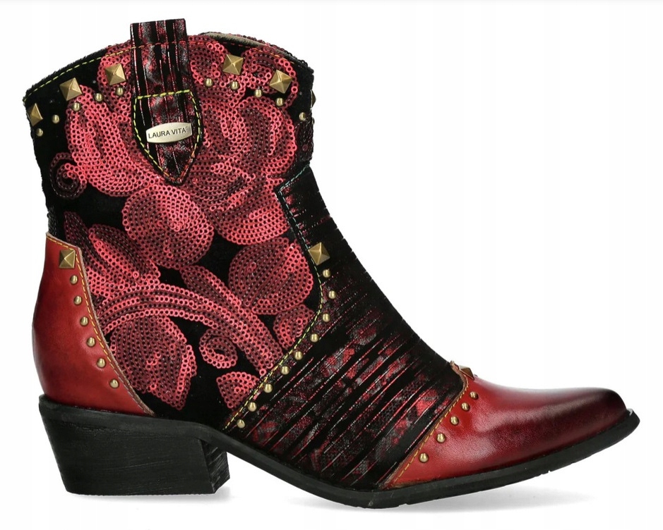 Kožené Kovbojské Boty Dámské Kotníkové Boty Na Květovaném Podpatku Vínové Laura Vita 38