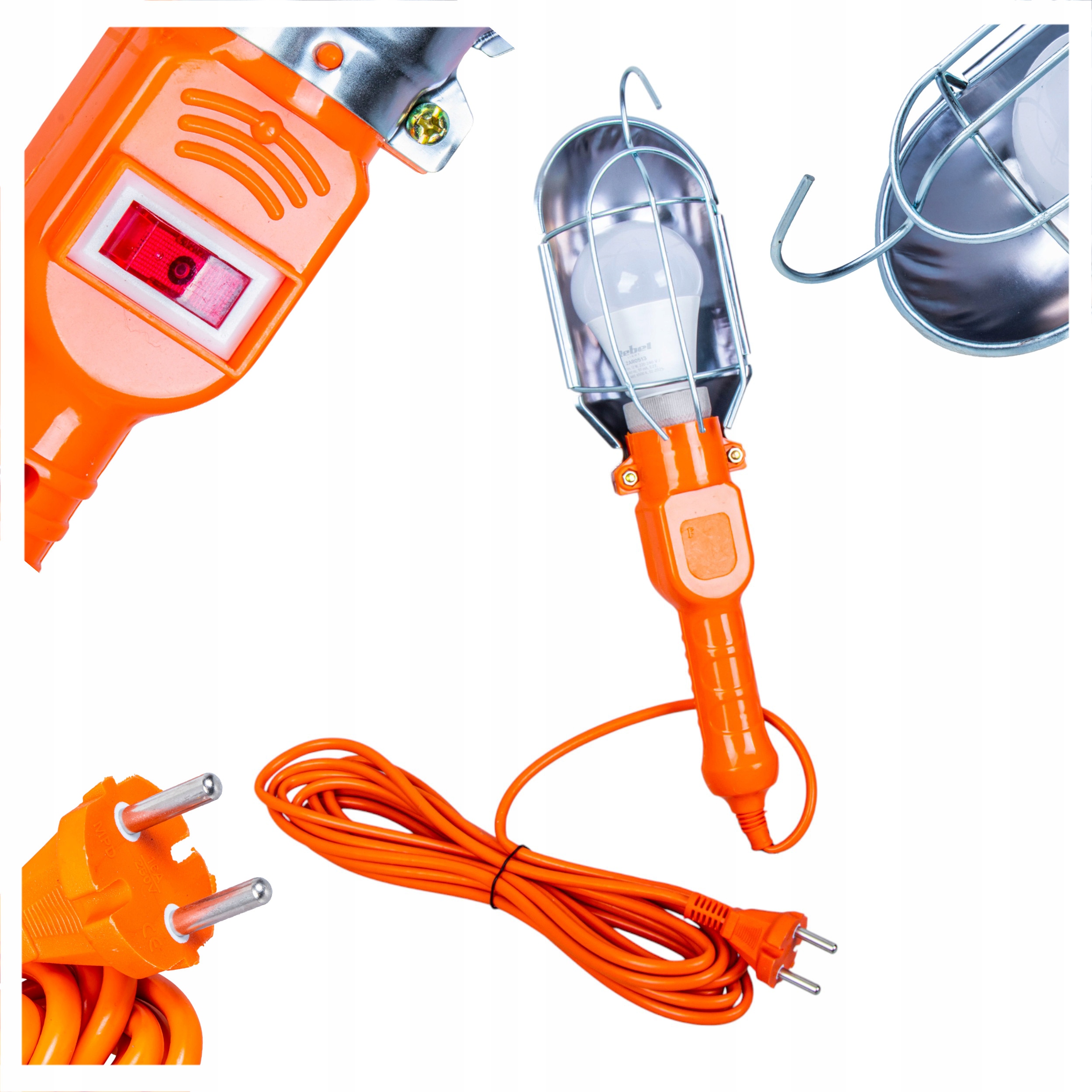 Lampa warsztatowa 230V z włącznikiem i hakiem kabel 5m biała żarówka Led