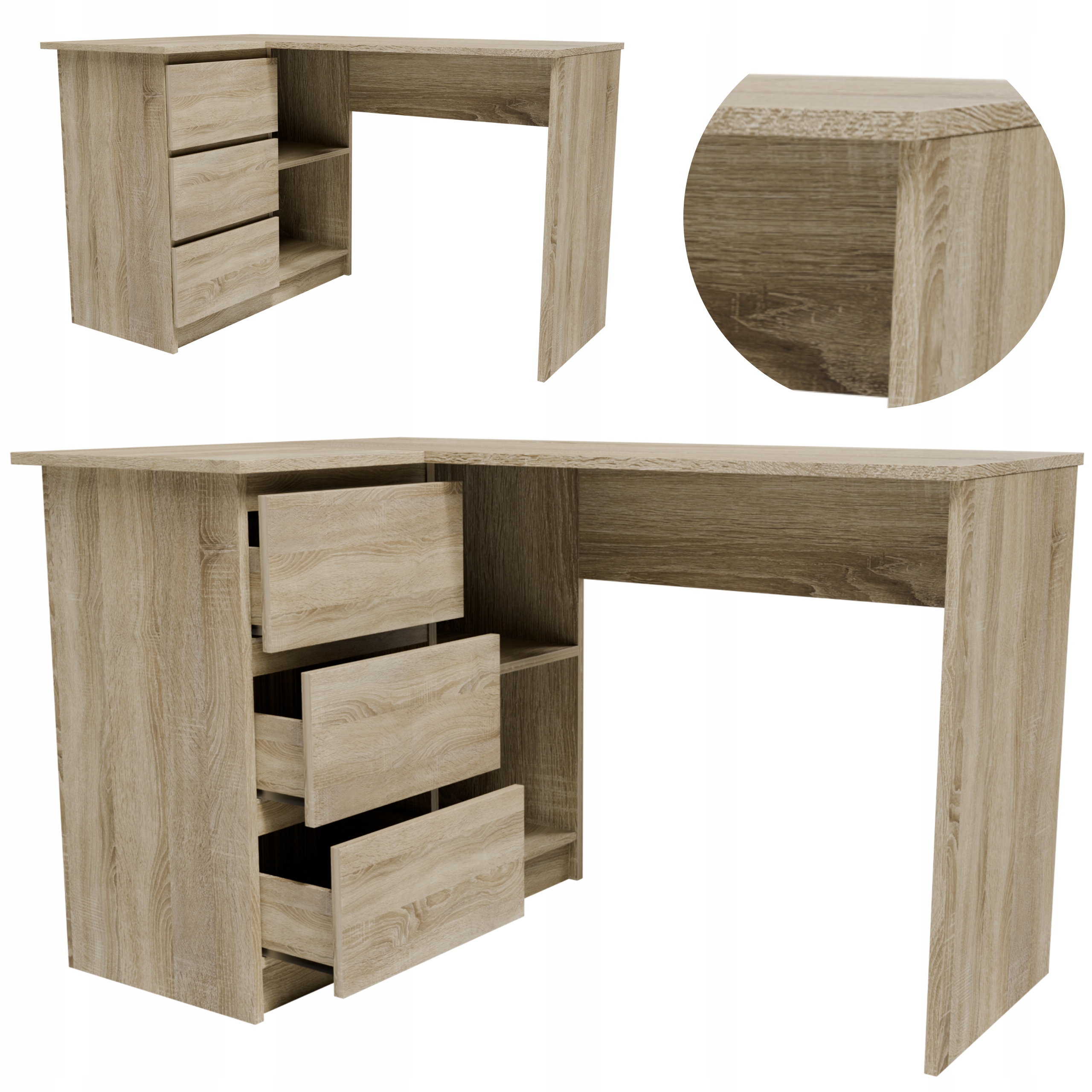 Rohový psací stůl B16LEWSON dub sonoma počítačový velký, prostorný, funkční