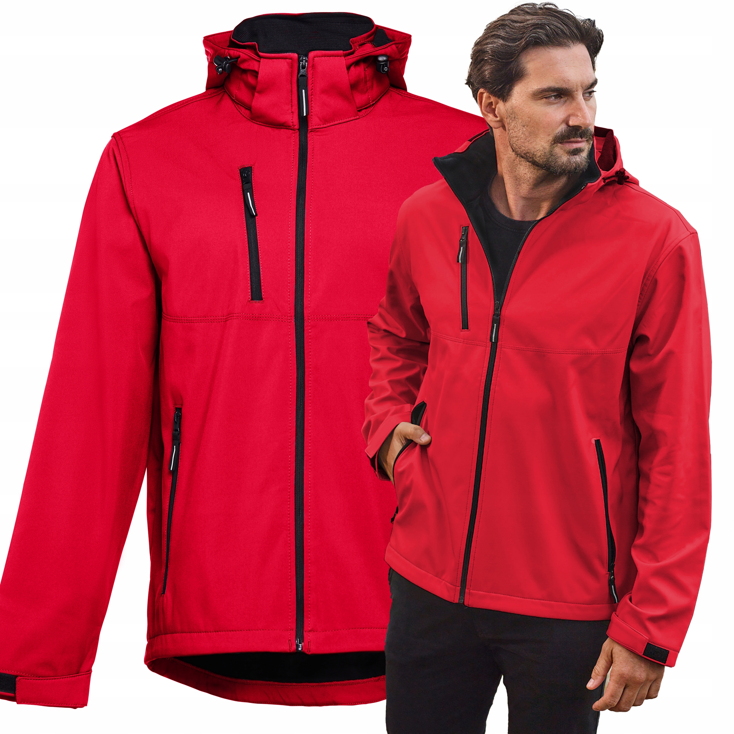 Pánská nepromokavá bunda Softshell s fleecem, odnímatelná kapuce, červená, velikost M