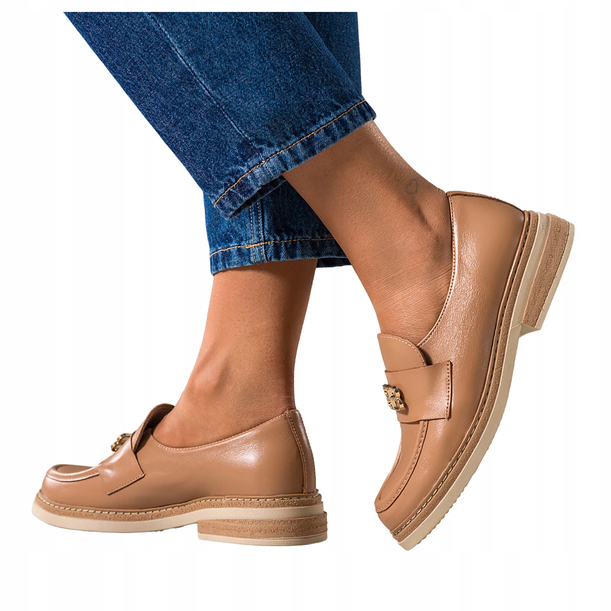 Camelové Mokasíny Dámské Módní Zlatá Ozdoba Pohodlné Kožené Polské vel 38