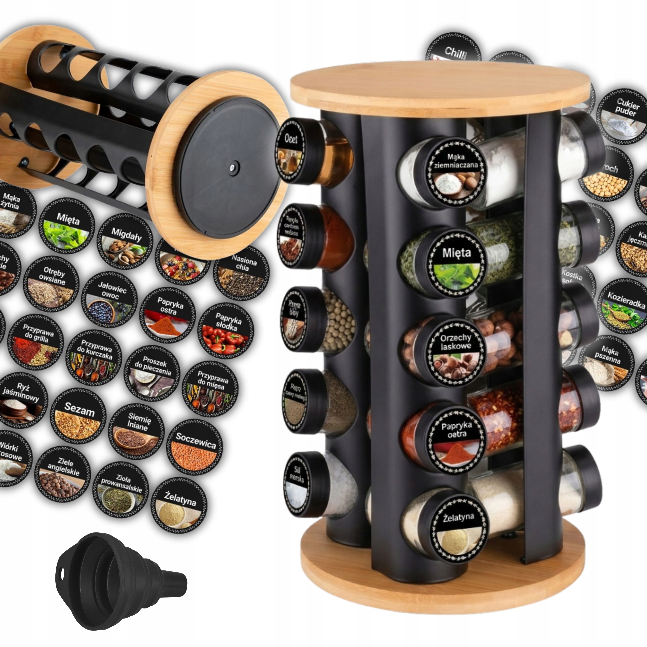 Pojemniki Na Przyprawy Czarny Drewno 20 Słoików Stojak Obrotowy Naklejki