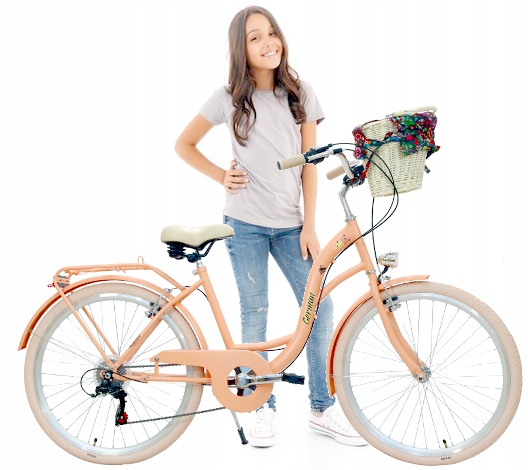 PIĘKNY PASTELOWY BRZOSKWINIOWY ROWER DZIEWCZĘCY 26 KOŁA DLA DZIEWCZYNKI
