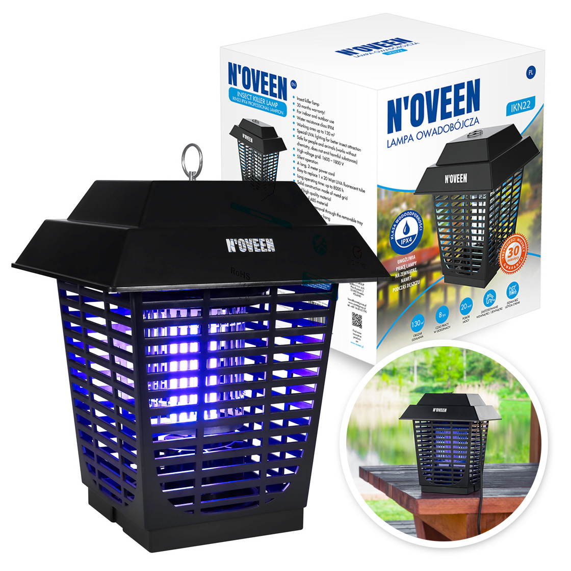 Lampa Owadobójcza Uv łapka na Komary owady IPX4 22W muchy ćmy IKN22 130m2