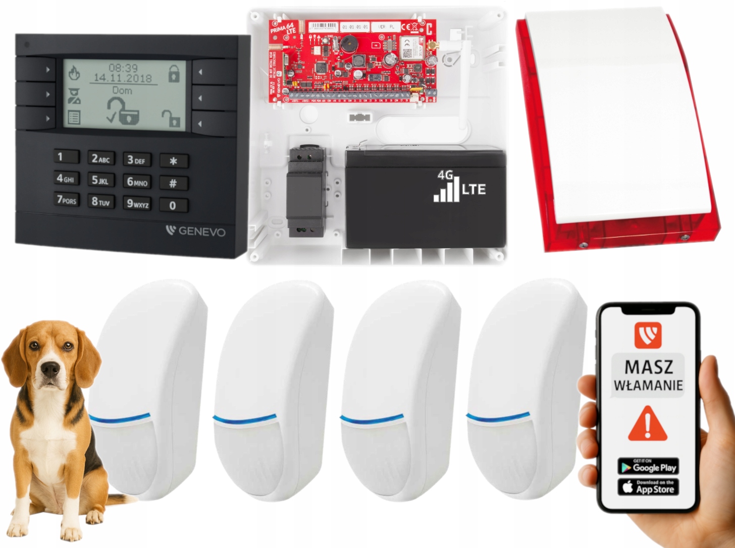 System Alarmowy Genevo PRiMA64LTE Wl Gsm Panel LCD 4 Czujki Bingo Aplikacja
