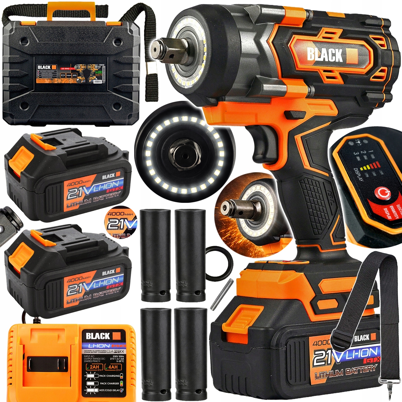 Klucz Udarowy Akumulatorowy Bezszczotkowy do Kół 1000 Nm 2xAKU 4 Ah Nasadki