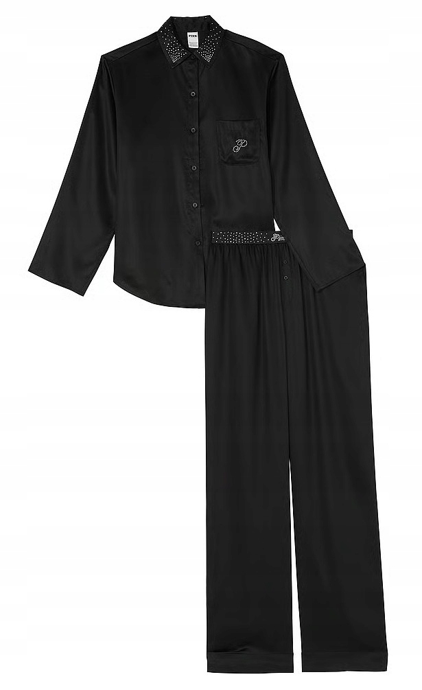 Saténové pyžamo Victoria's Secret Pink černé se zirkony M (L) Regular