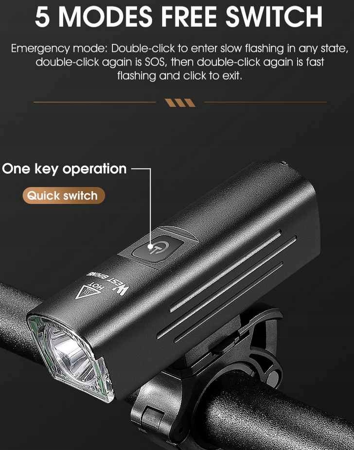 WESTBIKING Przednia Lampka Rowerowa Mocna z uchwytem na Kierownicę Kod producenta WESTFLASH