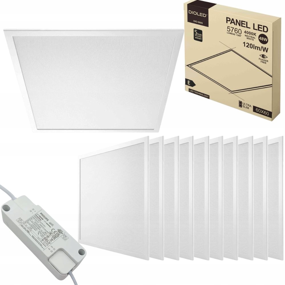 10x Panel Led sufitowy niemrugający 60X60 48W 4000K 5760lm zasilacz Philips