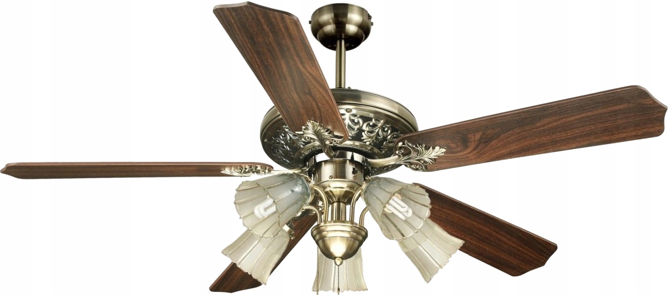 Stropný ventilátor Retrogold 132 cm Starožitný štýl dub, 5 lámp, luster