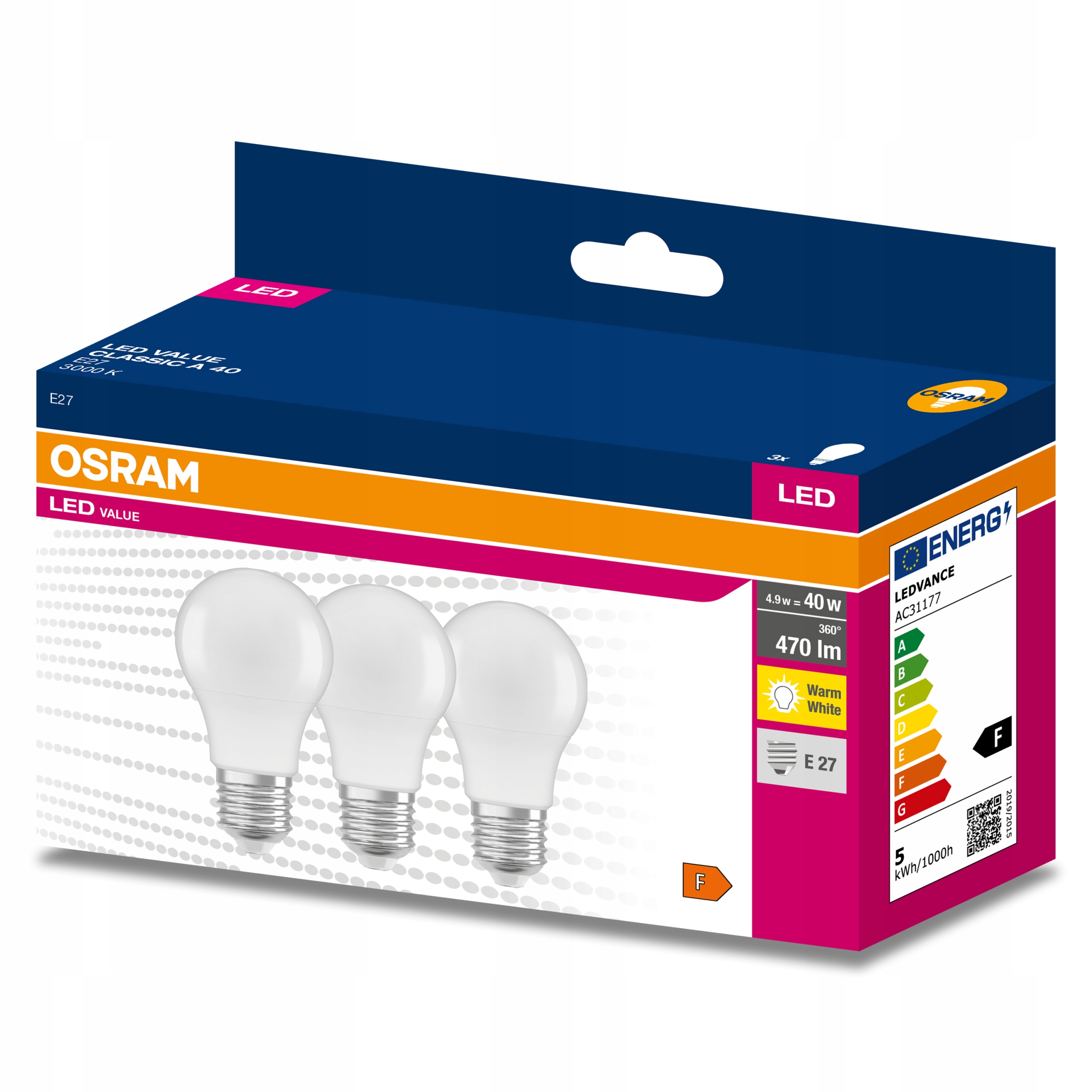 

3x Żarówka Led E27 A60 4,9W 40W 470lm 3000K Osram
