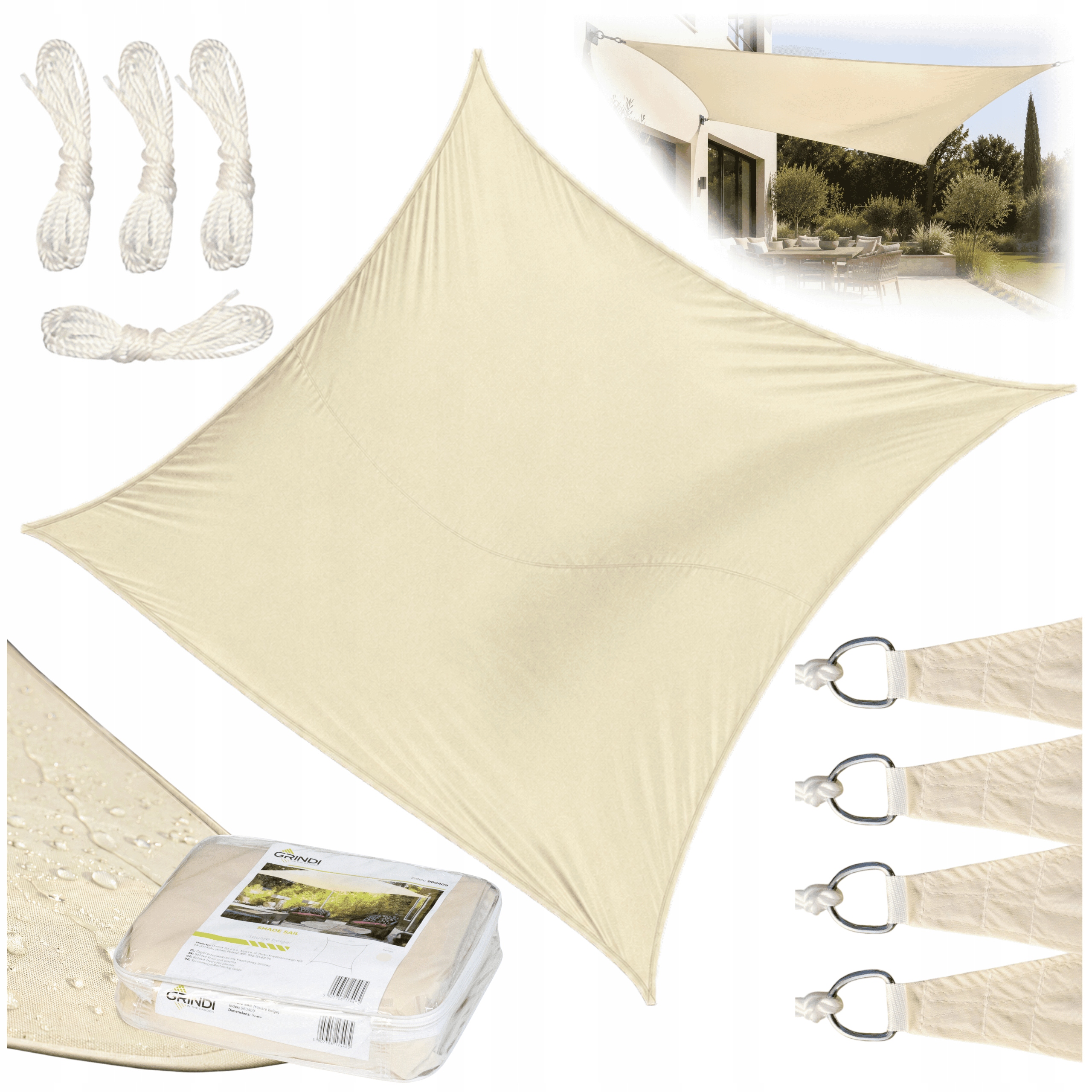 Sluneční Plachta Čtvercová 3,6 X 3,6 160 G/M2 Béžová Taška