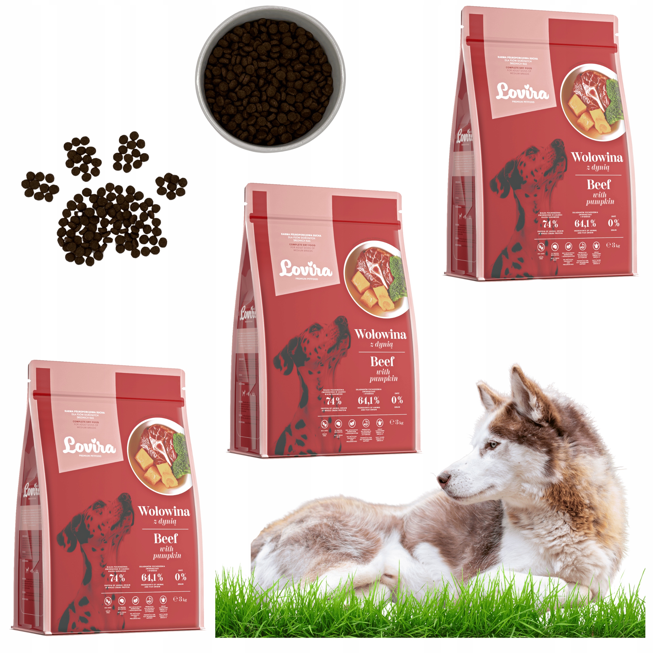 Levně Set 3X Suché Krmivo pro psa Premium Hovězí S Dýní, bezobilné, Vitamíny