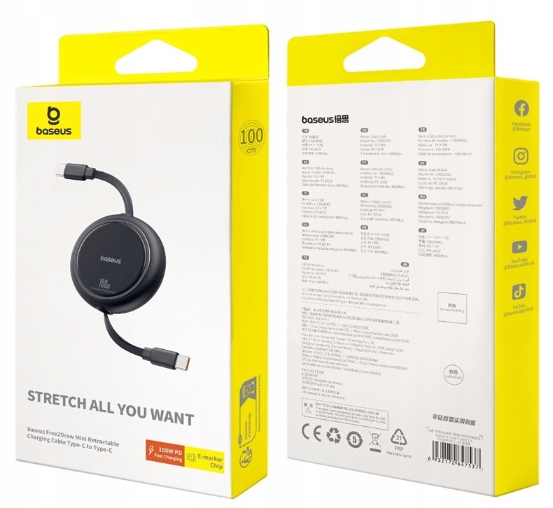 BASEUS KABEL USB-C SZYBKIE ŁADOWANIE PRZEWÓD TYP-C ZWIJANY 100W PD 1m Kod producenta P10364500111-00
