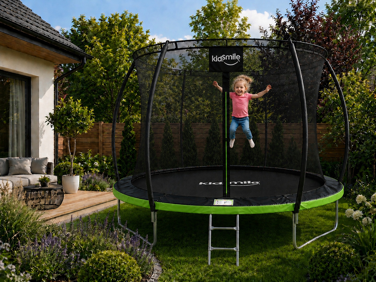 Trampolina ogrodowa z siatką wewnętrzną DZIECI 10FT 312cm drabinka zielona