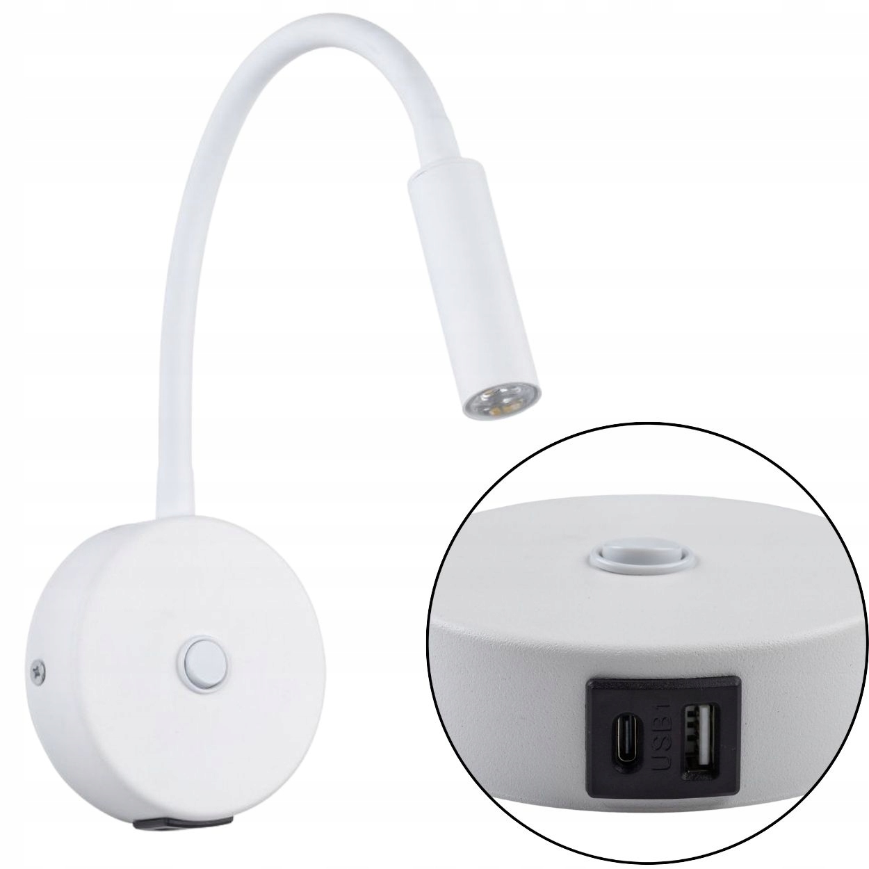 Nástěnné Svítidlo Bílé G9 s vypínačem, Usb port, nastavitelné rameno, nástěnná lampa
