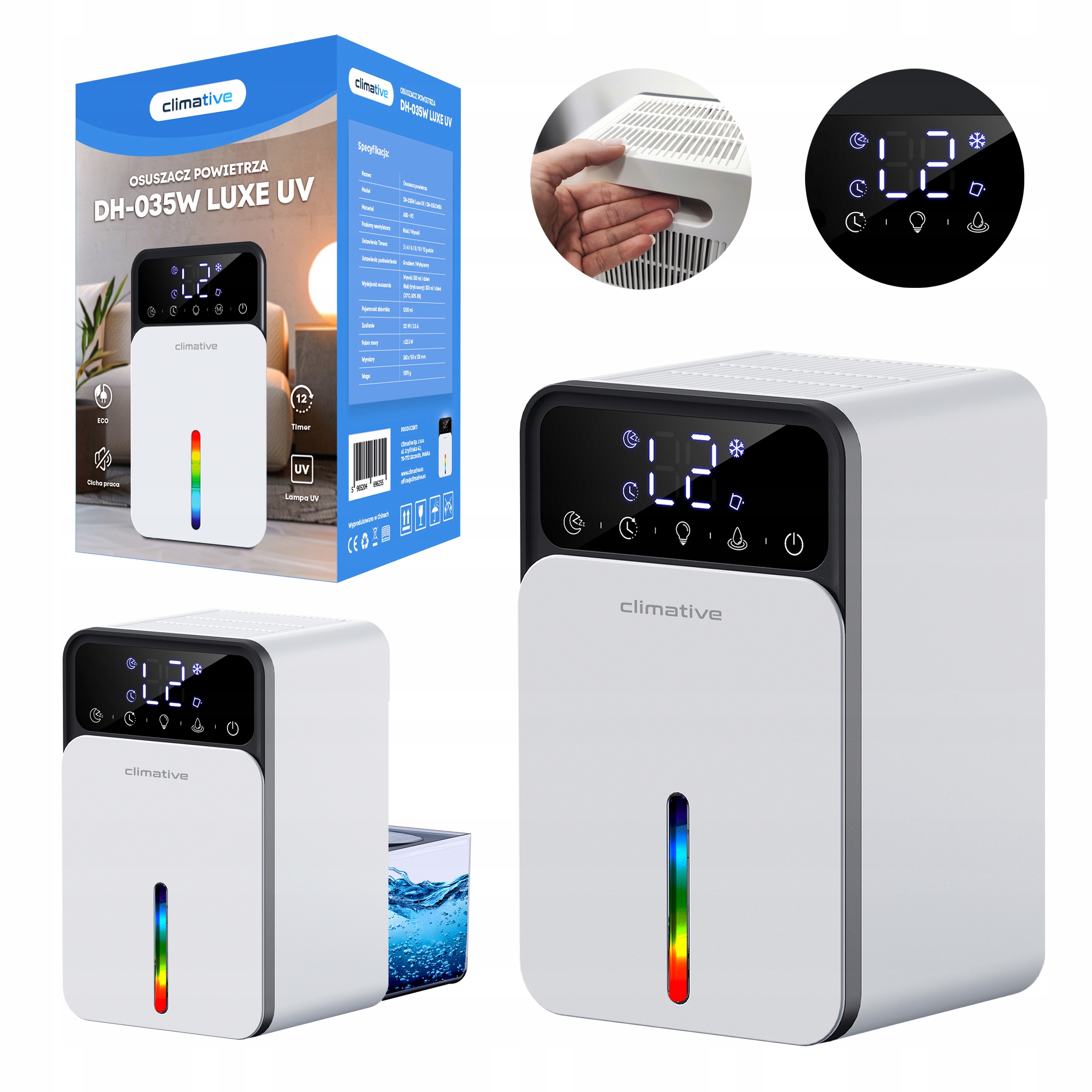 Tichý pohlcovač vlhkosti 1200 ML Odvlhčovač vzduchu Luxe Výkonný Led+ Uv