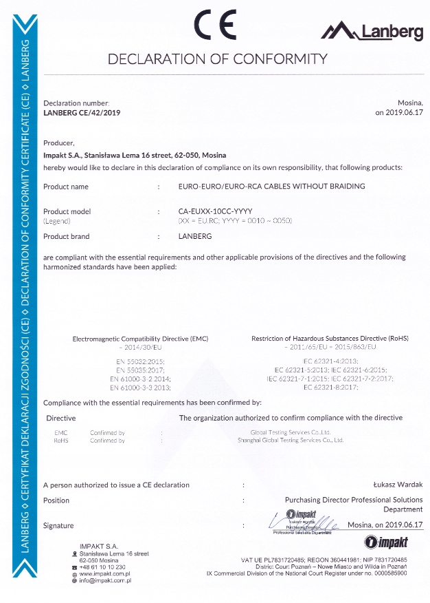 KABEL 3X RCA(M)->EURO(M) 1.8M LANBERG SCART na RCA do MAGNETOWIDU VHS Kod producenta CA-EURC-10CC-0018-BK