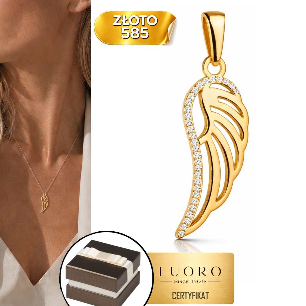 Zlatý Přívěsek 585 14K S Křídlem A Zirkony 2,8 CM Elegantní