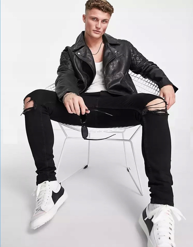 Czarna skórzana kurtka męska (100% NATURAL)! ASOS Rodzaj ramoneska