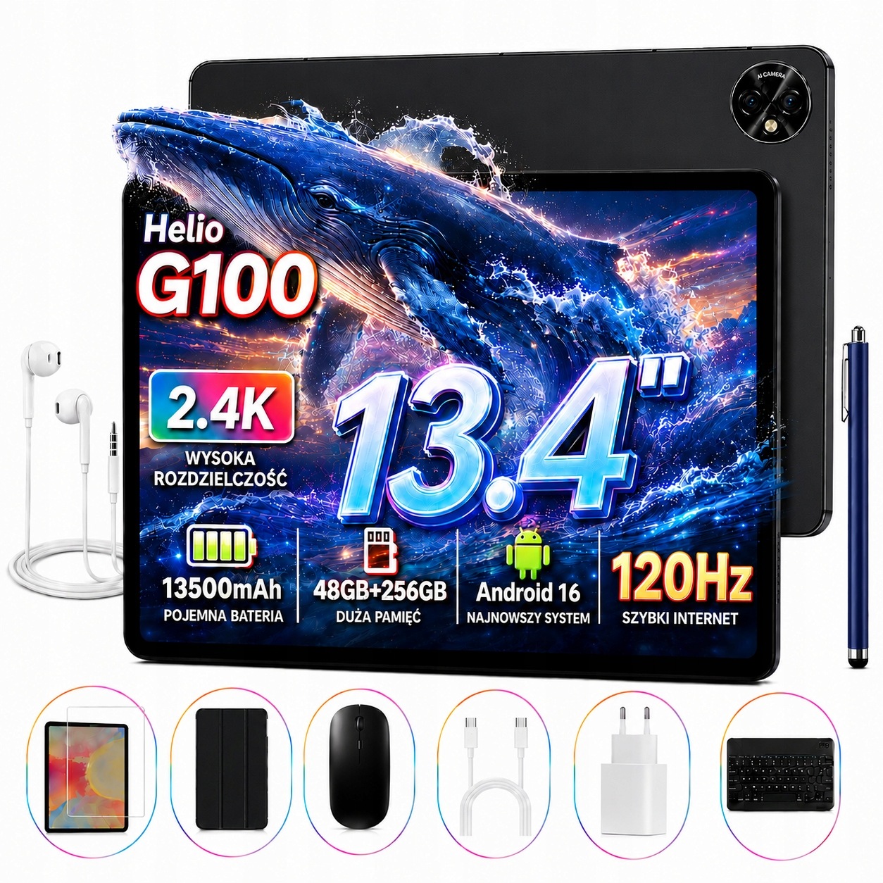 Aorlym Tablet P13 z klawiaturą 13,4" bateria 12000mAh, rozdzielczość 2.4K, WiFi, Android 16, pamięć 48+128GB
