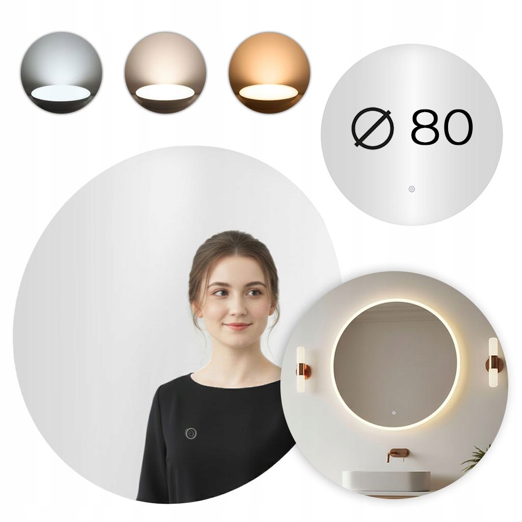 Lustro Łazienkowe Led Okrągłe Ścienne 80 Cm 3 Barwy Włącznik Dotykowy Moder