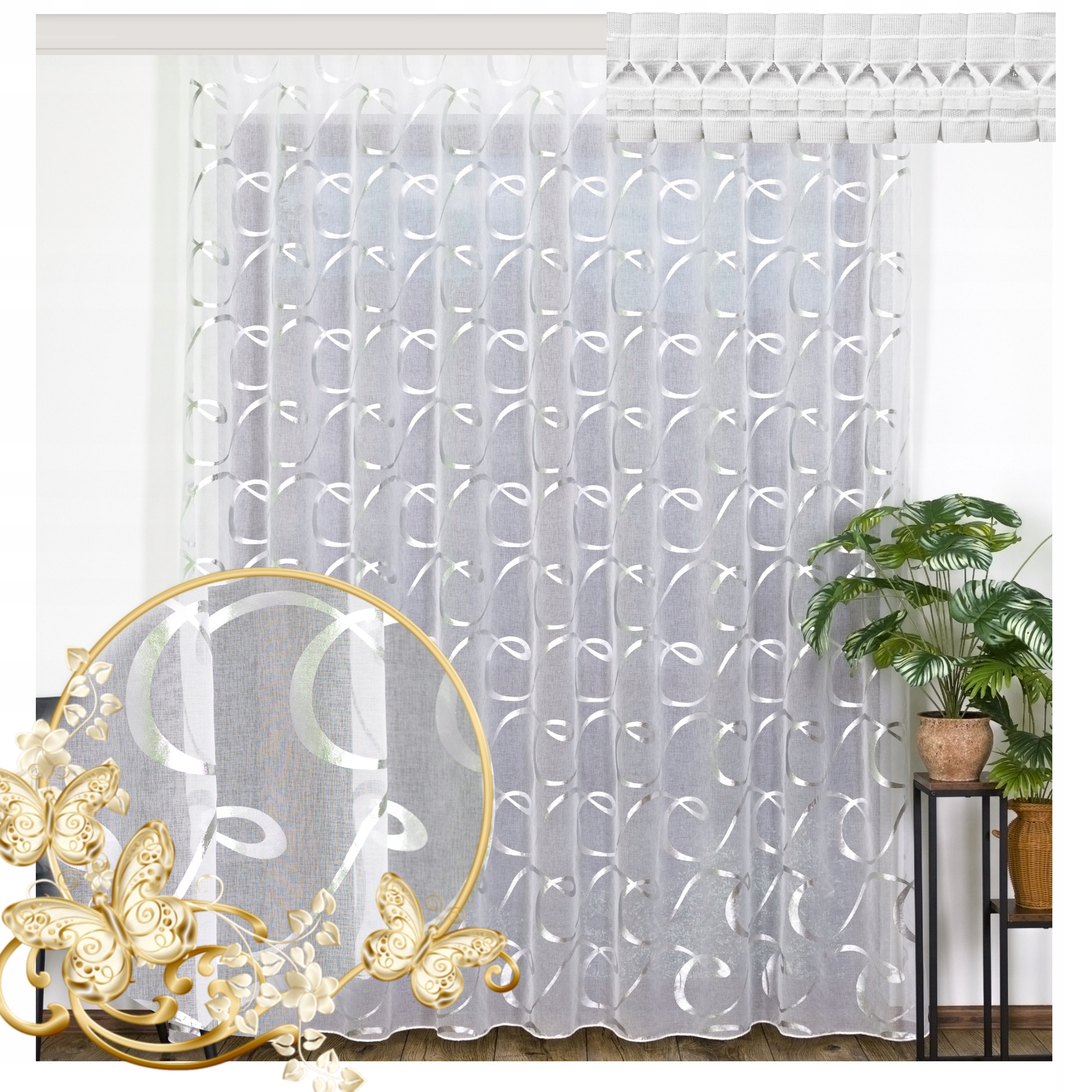 Záclona Industrial Etamin s olověnkou Pelagia 250 x 210 cm Stříbrné smyčky