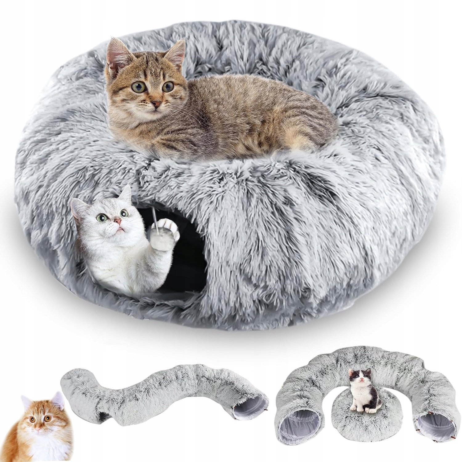 Levně Tunel Pro Kočky S Plyšovým Pelíškem 170 CM, Šedý, Tvar S A Kulatý