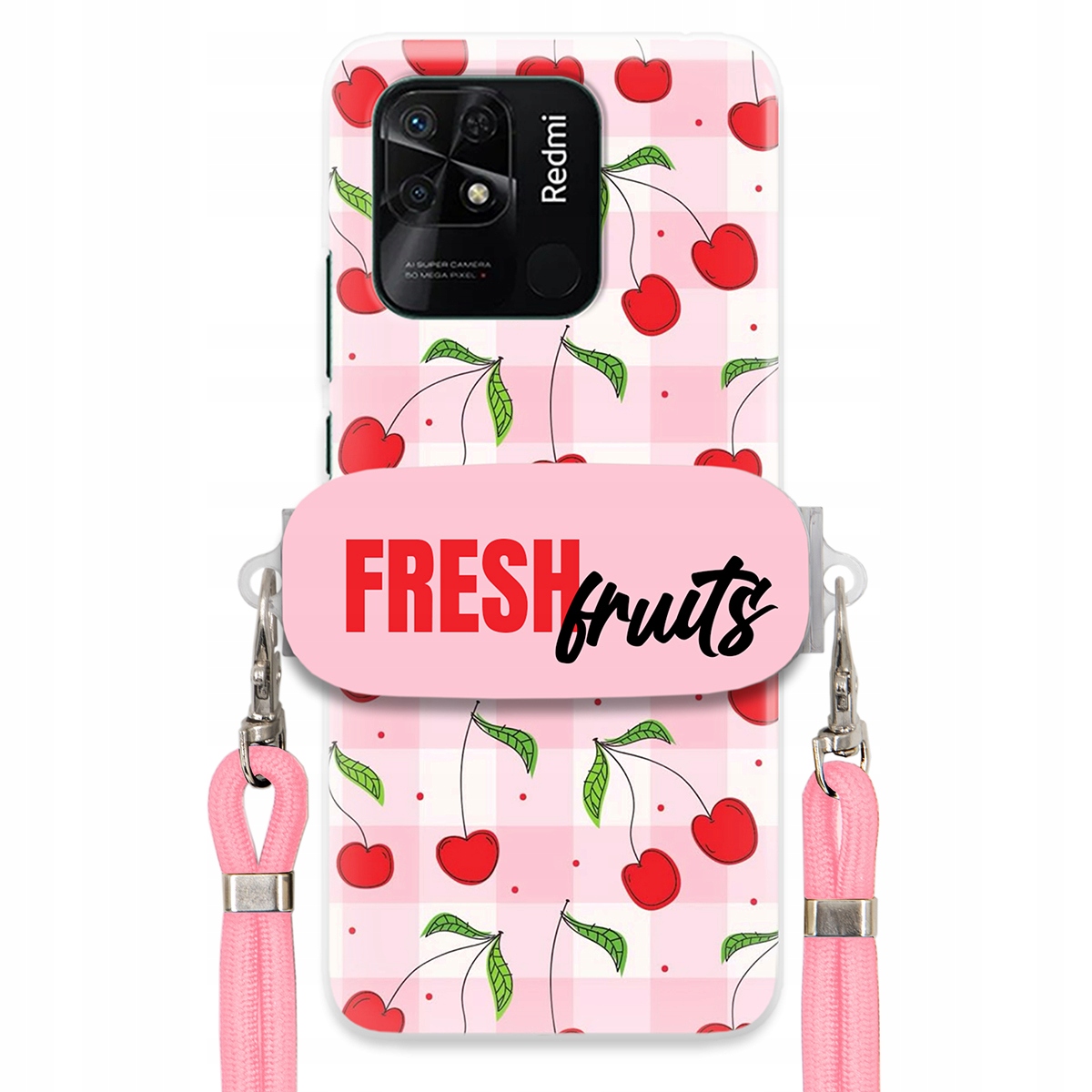 Puzdro pre Xiaomi Redmi 10C 4G Case Držiak šnúrok Ružový Fresh Fruits Mriežka