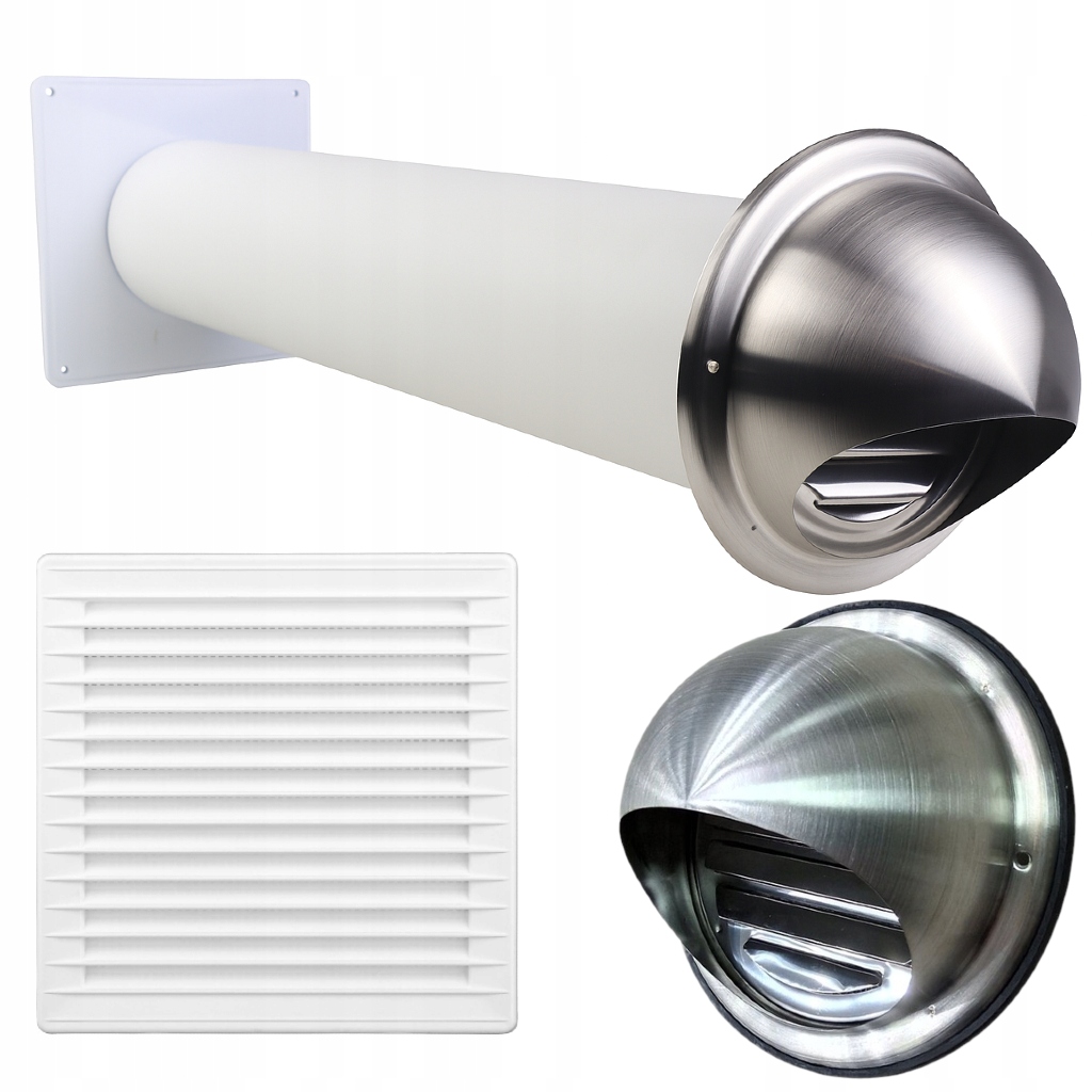 Zestaw wentylacyjny przez ścianę 100mm kratka Nawiewnik Ścienny z okapem