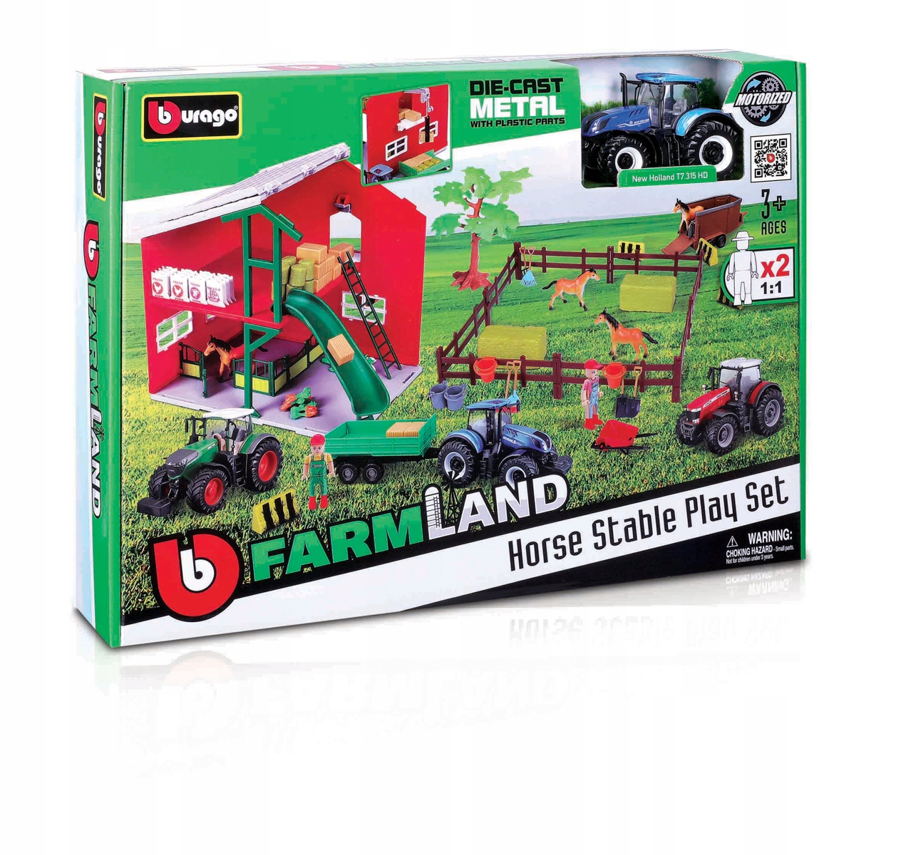 Bburago Farmland, Set Stáj s koňmi a traktorem, assort