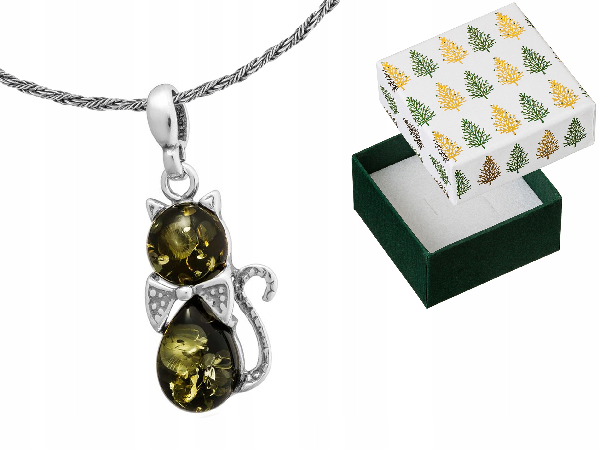 Stříbrný náhrdelník Kočka Přívěsek s jantarem Přívěsek Kočička Řetízek 60 cm