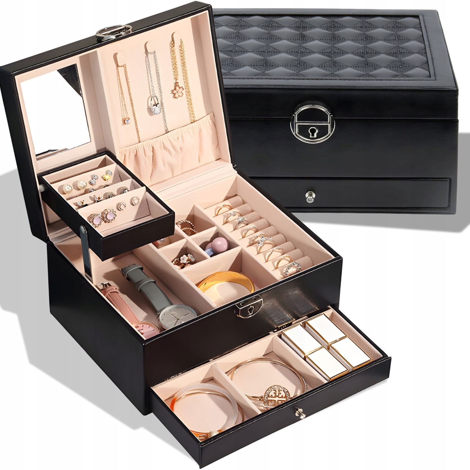 Krabička kufřík Ogranizer na šperky hodinky se zrcátkem uzamykatelná na k