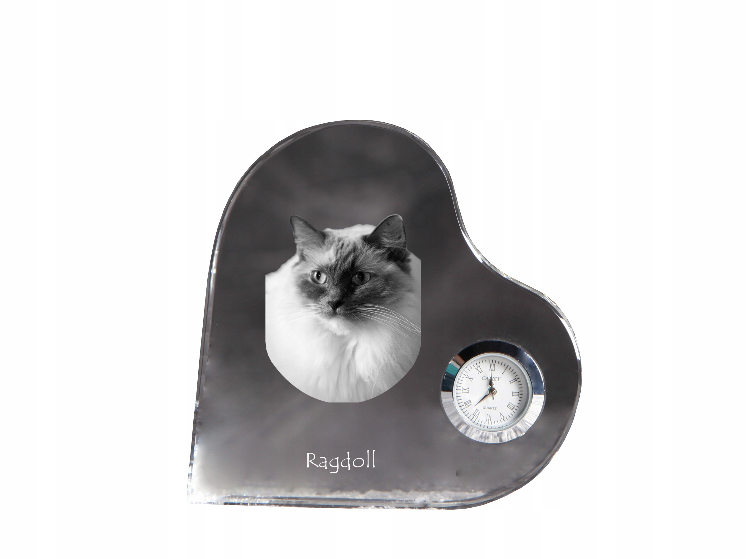 Mačka Ragdoll krištáľové hodiny v tvare srdca s vašou fotografiou