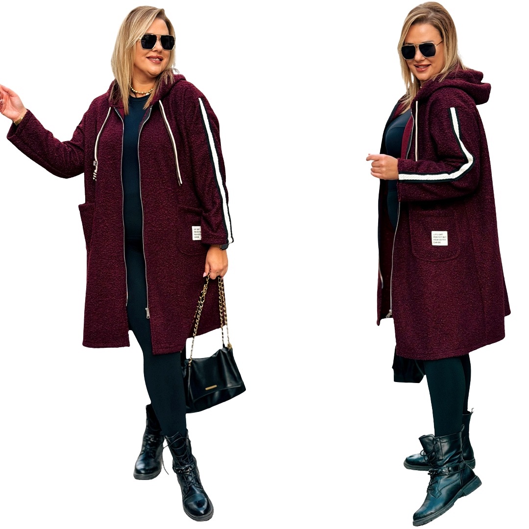 Kabát Boucle Kapuce Nálepky na každý den Cavaricci Plus Size Bordová