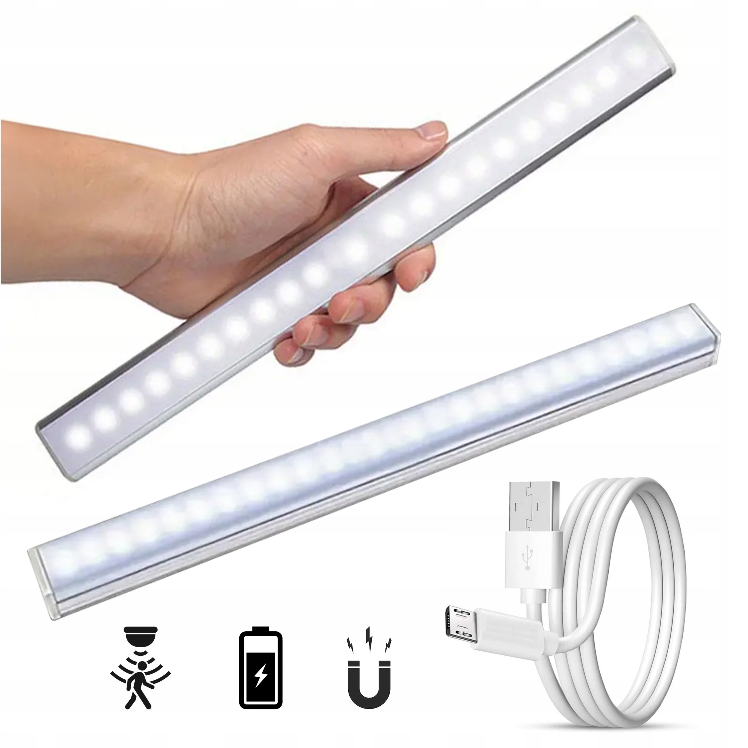 LAMPKA LED USB 50 CM CZUJNIK RUCHU POD SZAFKI KUCHENNE MAGNES CIEPŁY BIAŁY