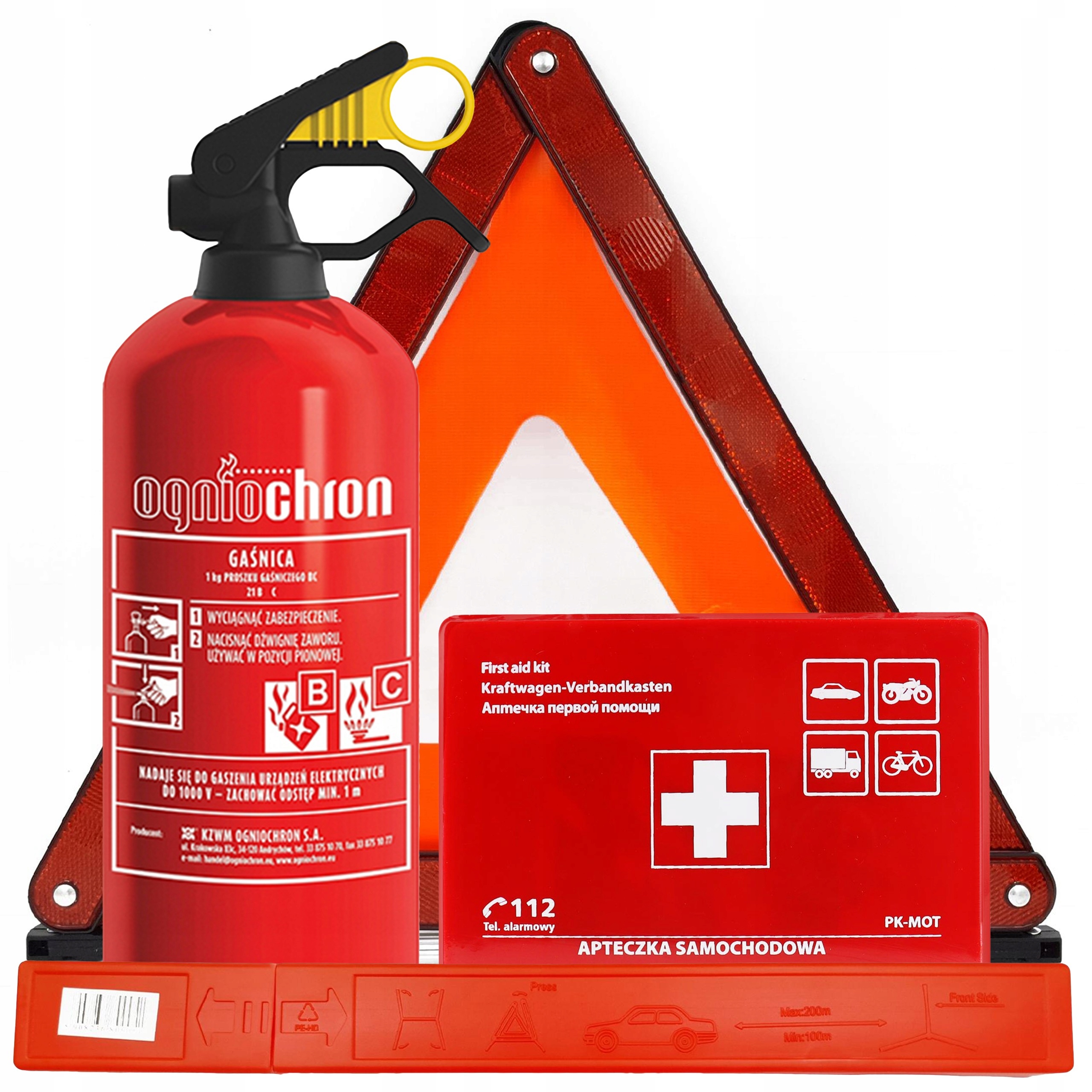 Gaśnica samochodowa 1KG + trójkąt etui + apteczka ZESTAW