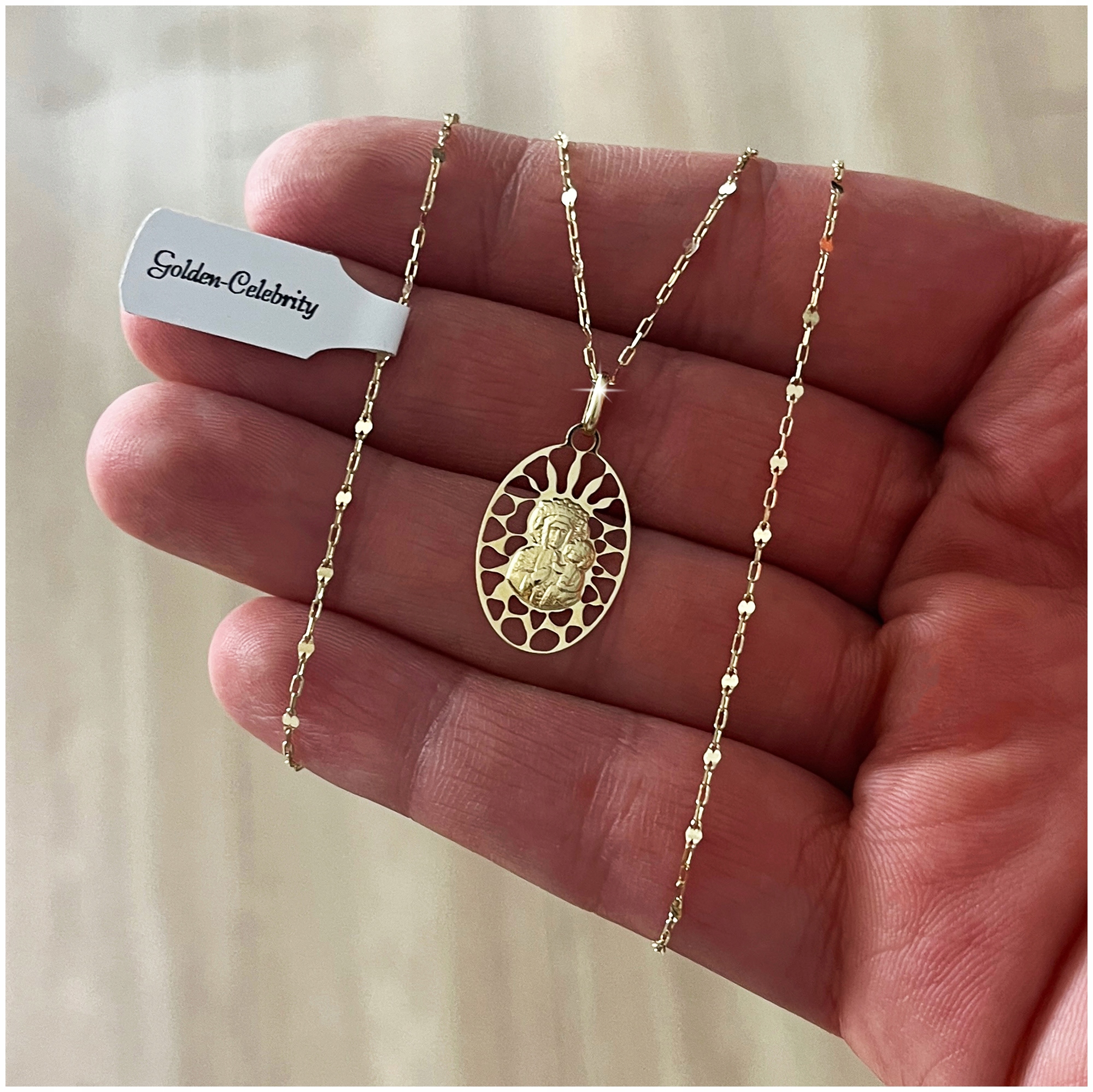 PIĘKNY ZŁOTY NASZYJNIK ANKIER+MEDALIK MATKA BOSKA CZĘSTOCHOWSKA 585 GRAWER Marka Golden Celebrity