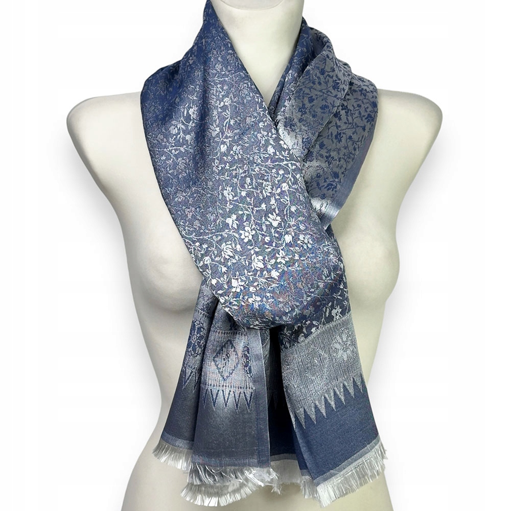 Dámská podzimní šála Silk Art stříbrná modrá Elegantní turecký orient