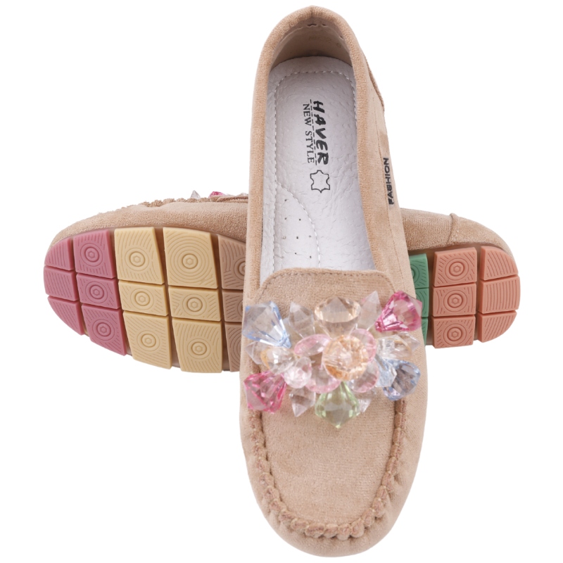 Beżowe Mokasyny Damskie Zamszowe Półbuty Wsuwane Wkł. Ekoskóra