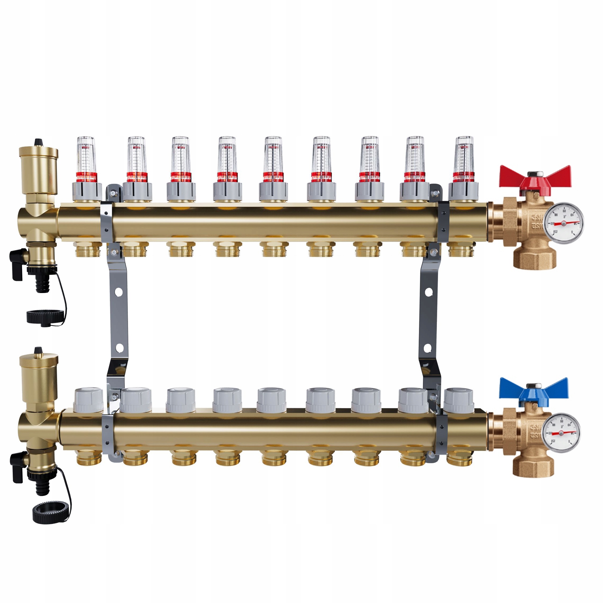 Rozdělovač mosazný Podlahovky 9 okruhů Kulové ventily Teploměr