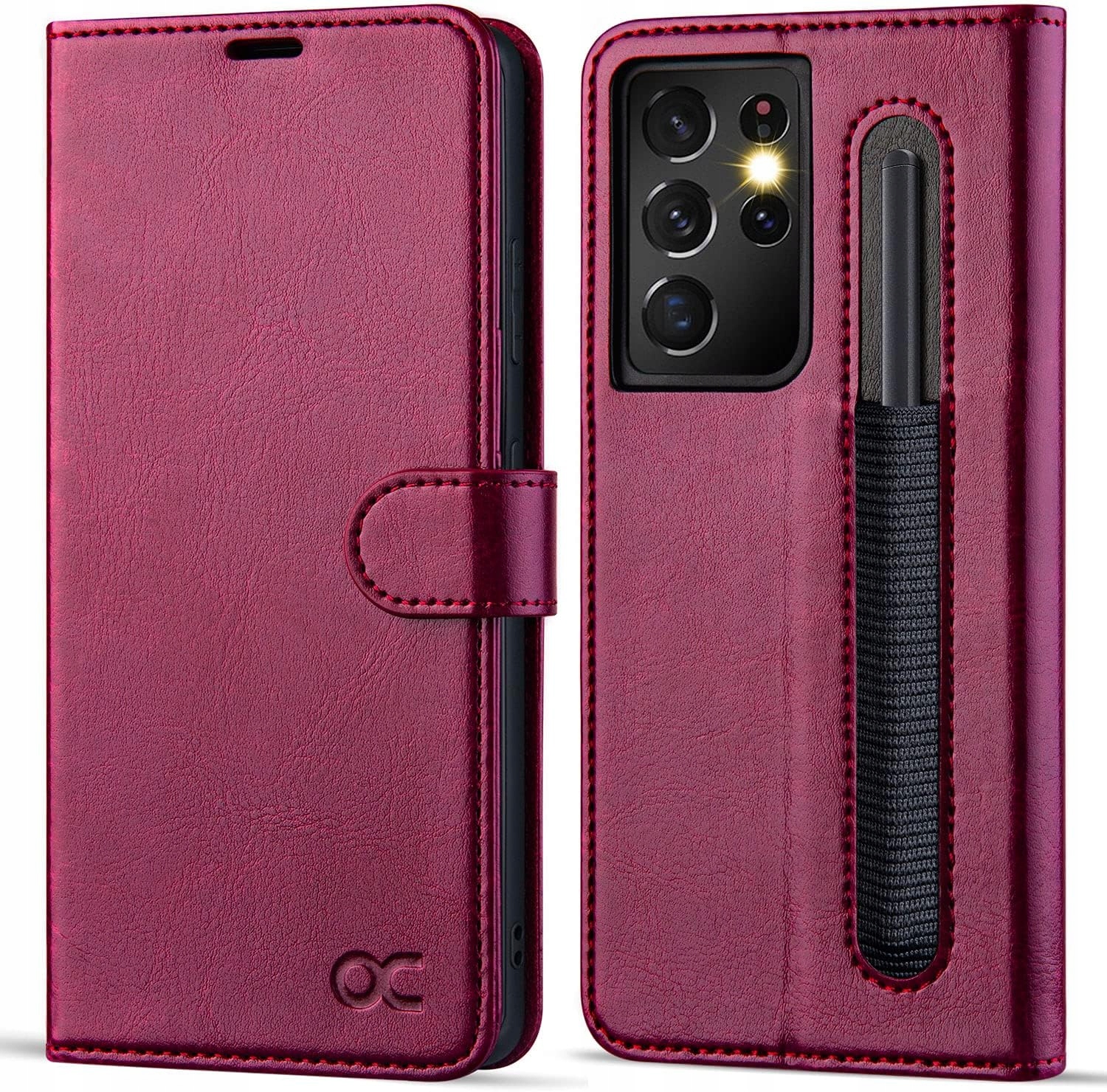 Ocase etui skórzane z klapką do Samsung Galaxy S21 Ultra Rfid bordowy