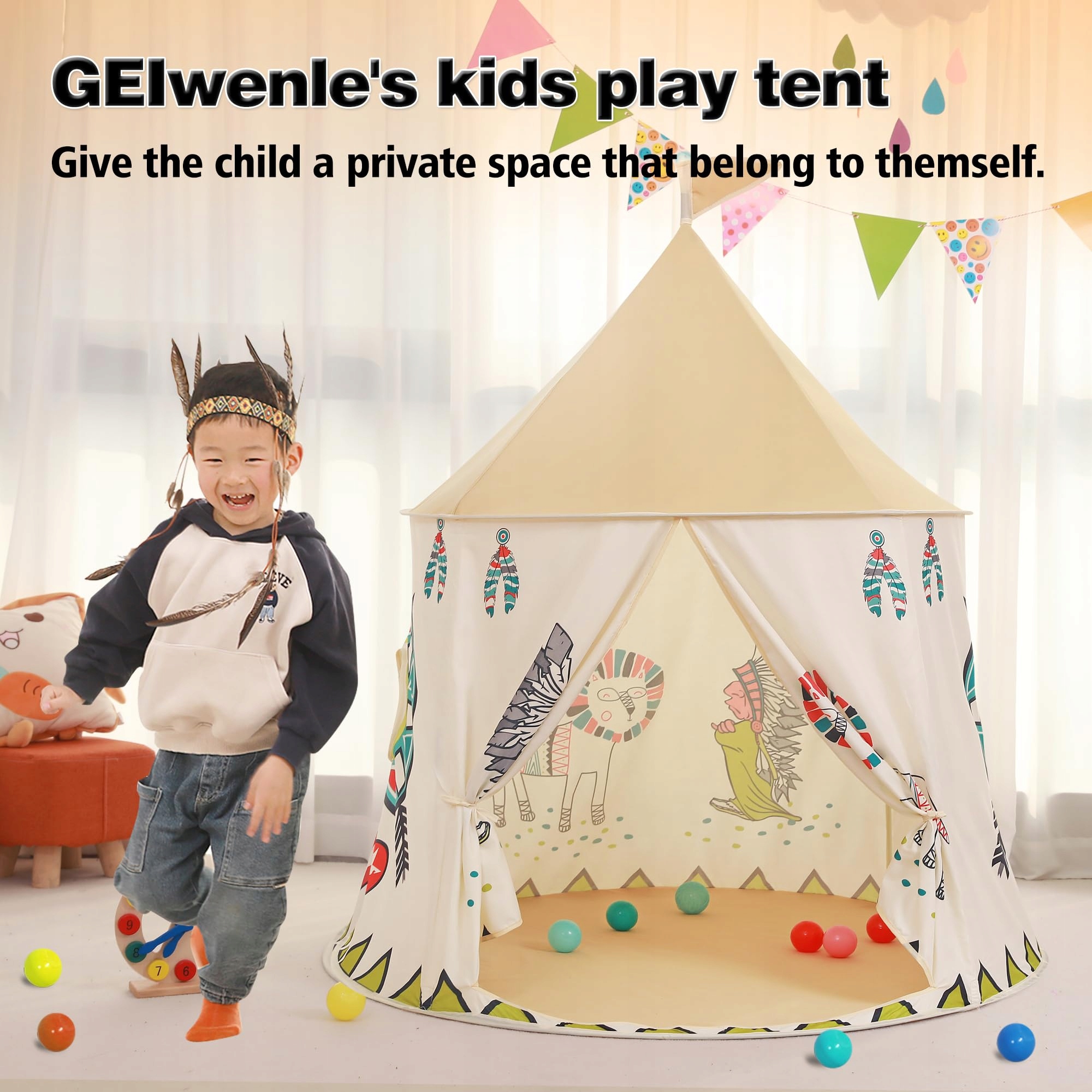 GEIwenle Zamek Namiot Dla Dzieci Tipi EN71 Do Wnętrz I Na Zewnątrz — miniatura 2