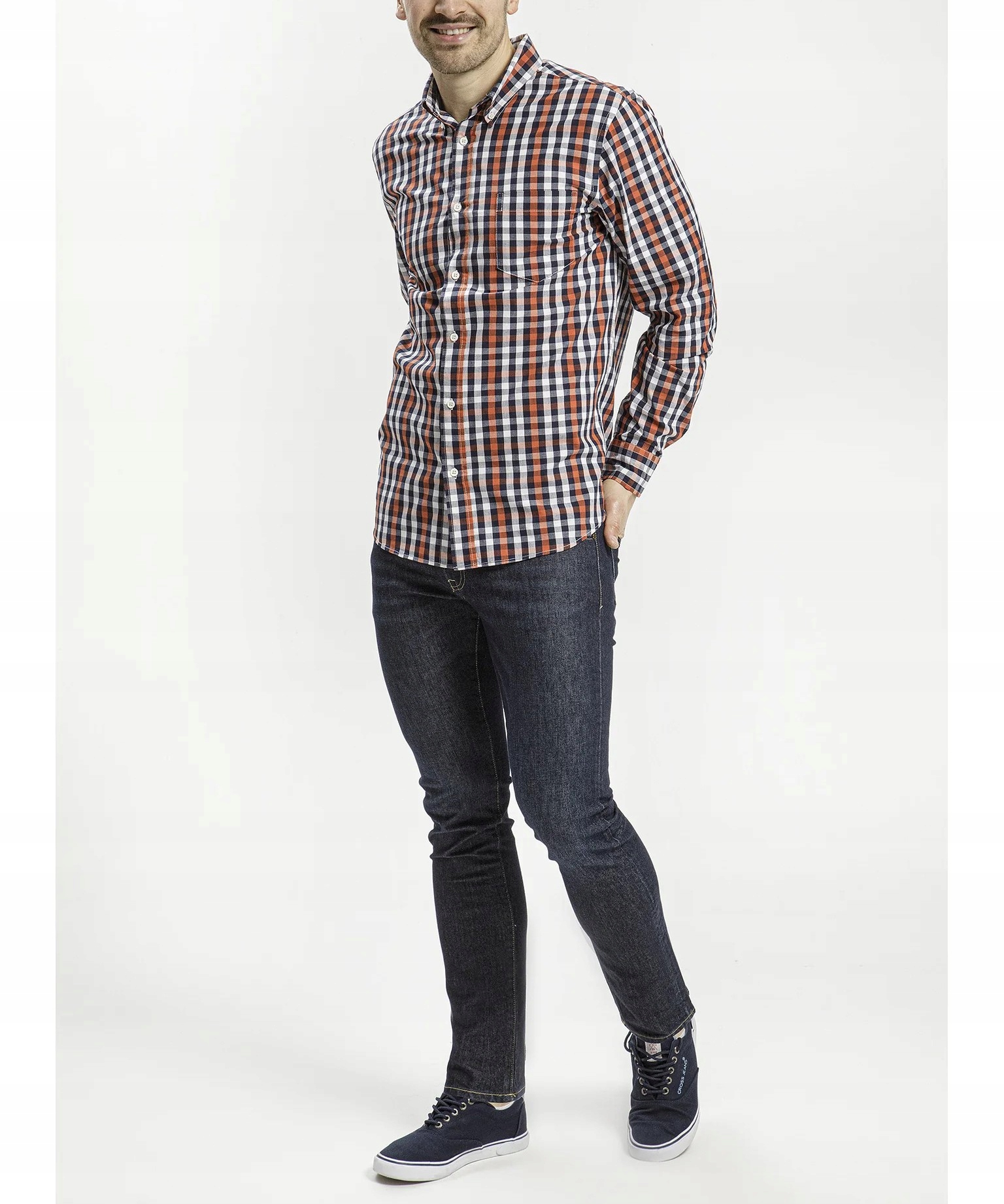 Cross Jeans pánská košile dlouhý rukáv kostkovaná bavlna 35568-010 oranžová M