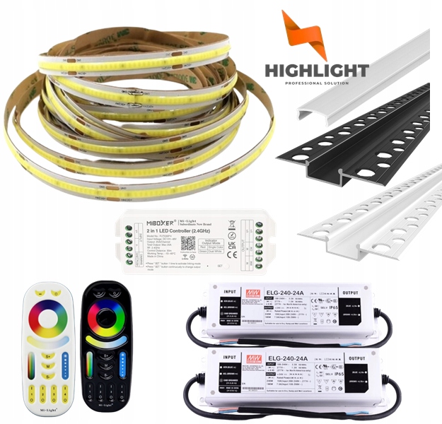 30m Sada Fasáda Led pásik Cob MoNo 10W 24V IP65 Profil Biela/Čierna