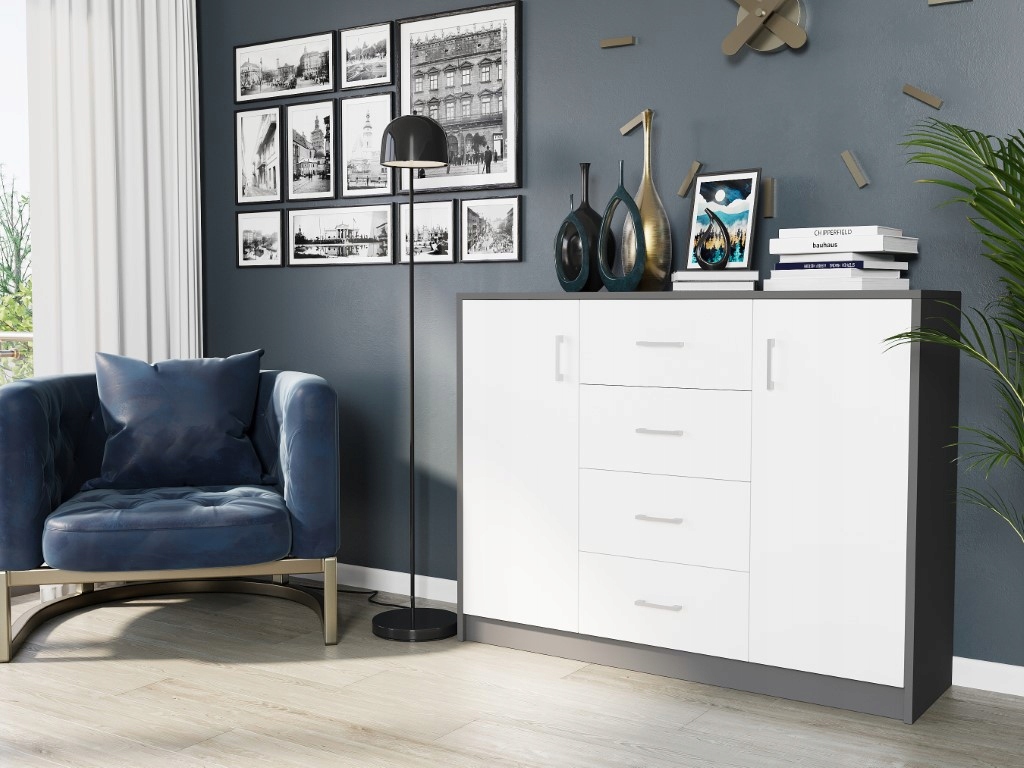 KOMODA 110CM SZAFKA 4 SZUFLADY 2 PÓŁKI U-1 ANTRACYT MIX