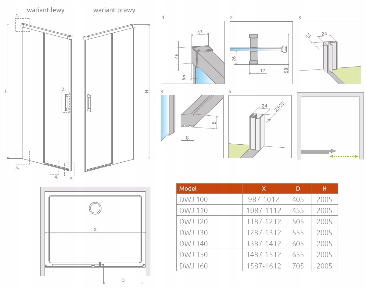 Drzwi prysznicowe Idea DWJ 160x200,5 Lewe RADAWAY Linia Idea DWJ