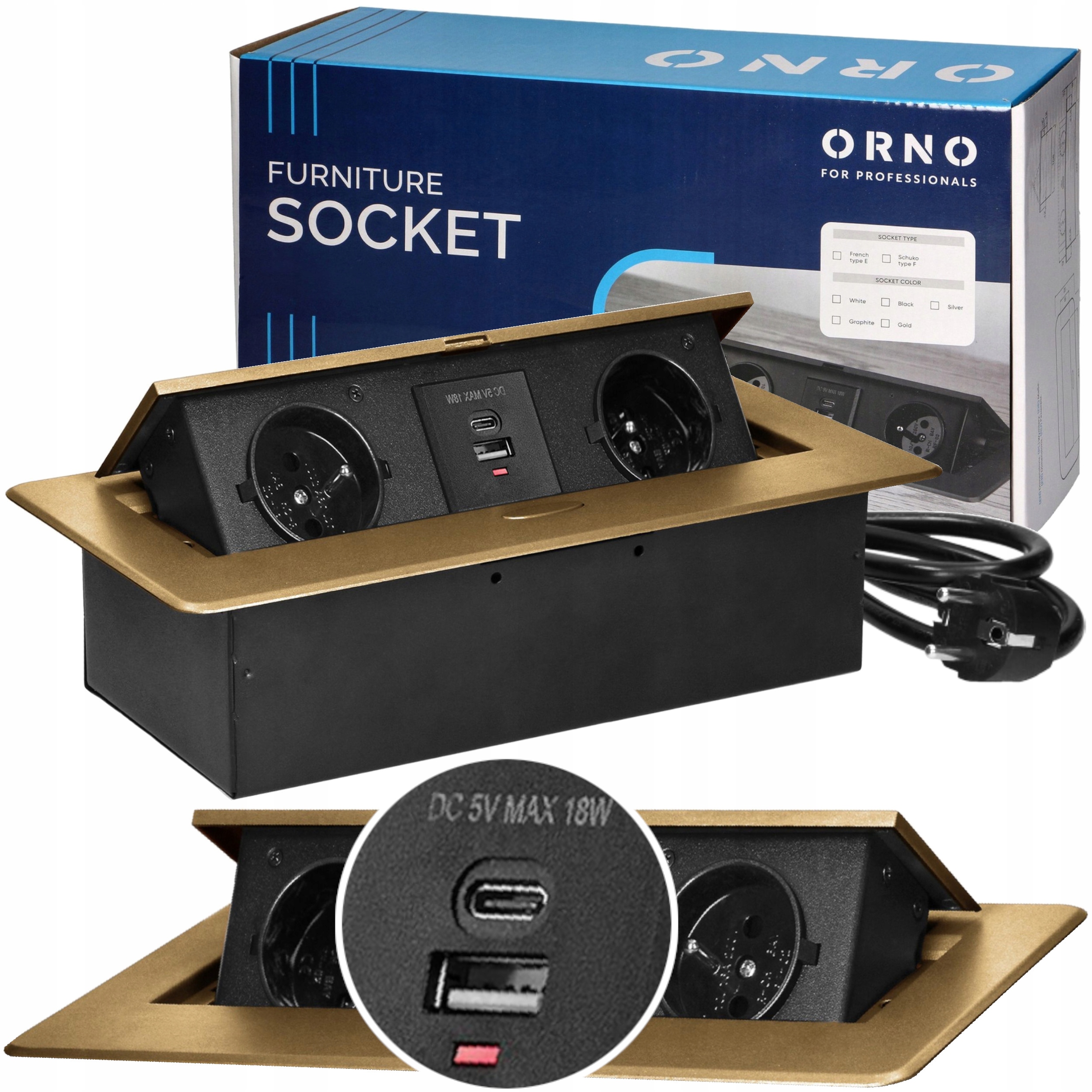 Gniazdo Nablatowe Chowane W Blat 2x230V Usb Usb-c Wpuszczane Złote 1,5m