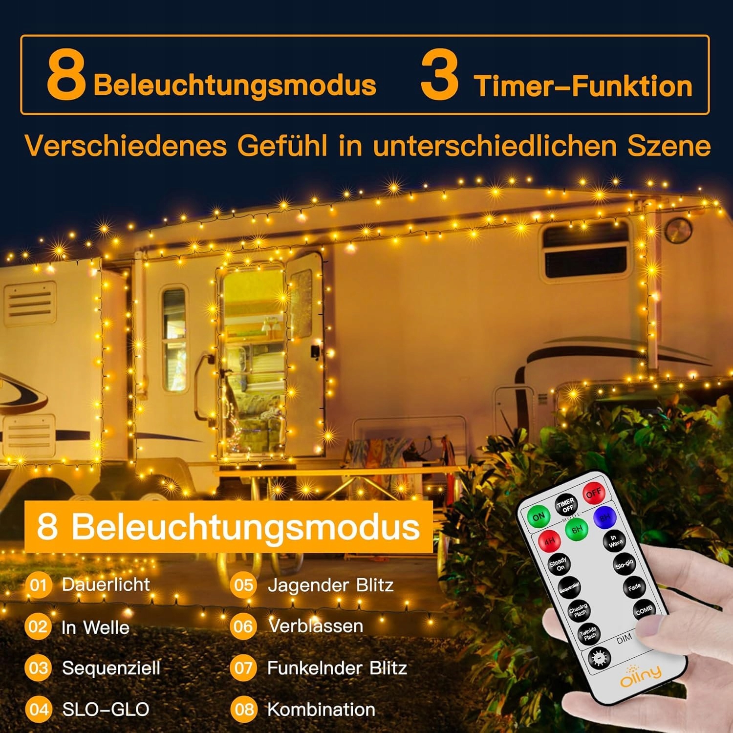 OLLNY 60M 600 LED ŚWIATŁA CIEPŁE Z PILOTEM TIMER 8 TRYBÓW WODOODPORNE — miniatura 2