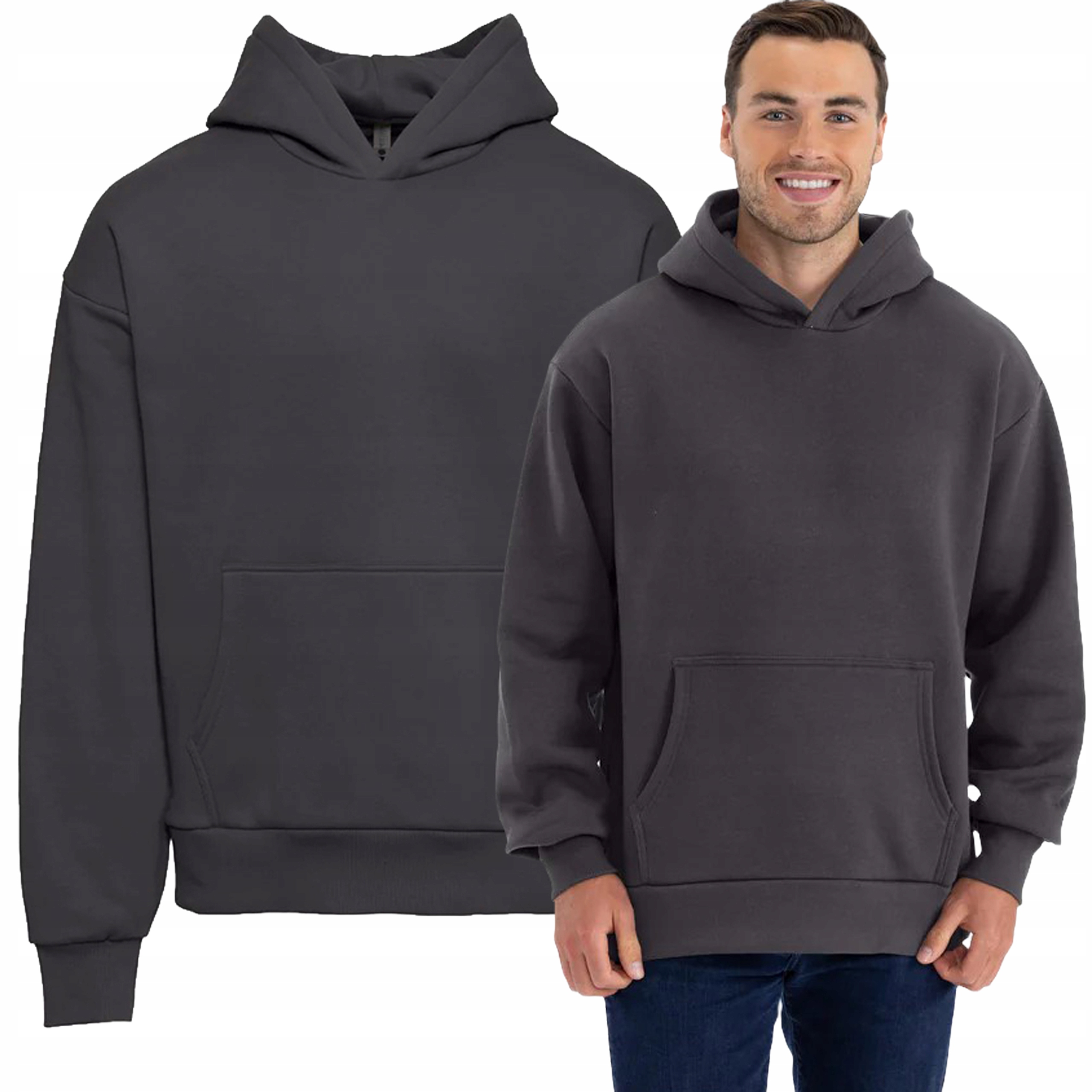 Silná módní teplá mikina Hoodie klokanka s kapucí, grafitová, velikost XXL